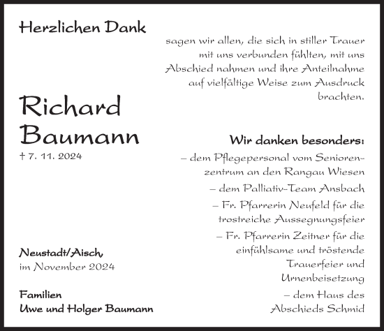 Traueranzeige von Richard Baumann von Neustadt/ Scheinfeld/ Uffenheim