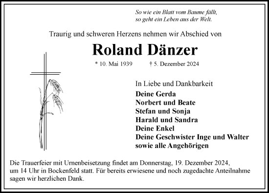 Traueranzeige von Roland Dänzer von Rothenburg