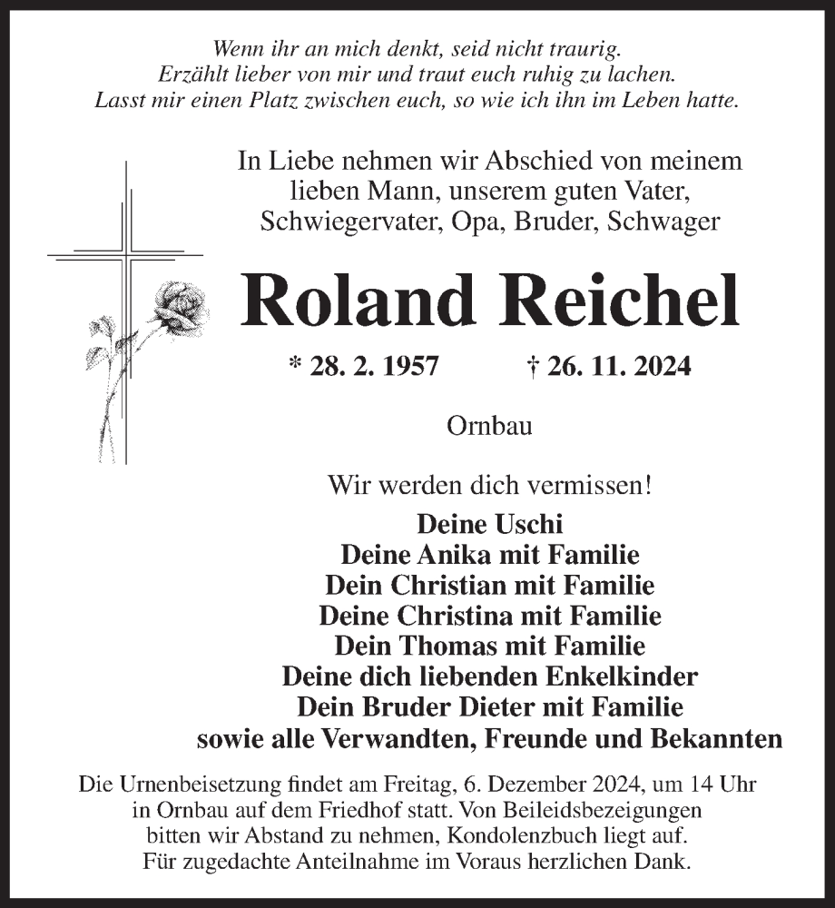  Traueranzeige für Roland Reichel vom 03.12.2024 aus Ansbach