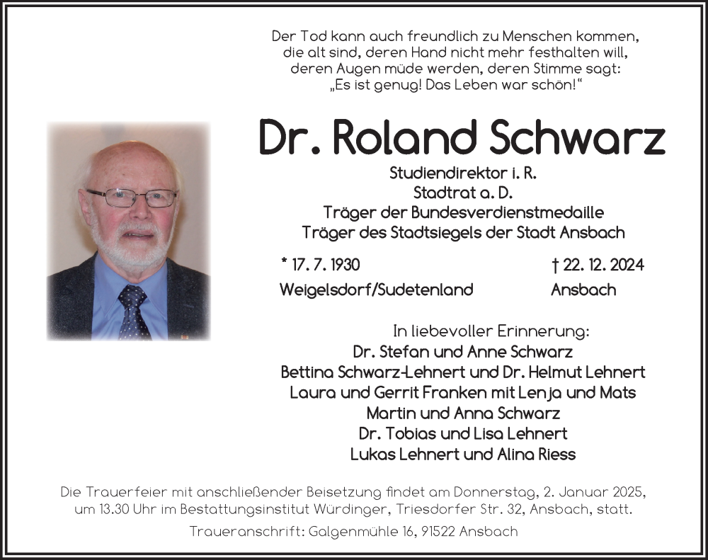  Traueranzeige für Roland Schwarz vom 27.12.2024 aus GE