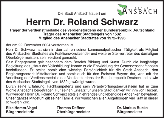 Traueranzeige von Roland Schwarz von Ansbach