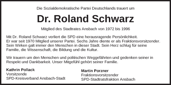 Traueranzeige von Roland Schwarz von Ansbach