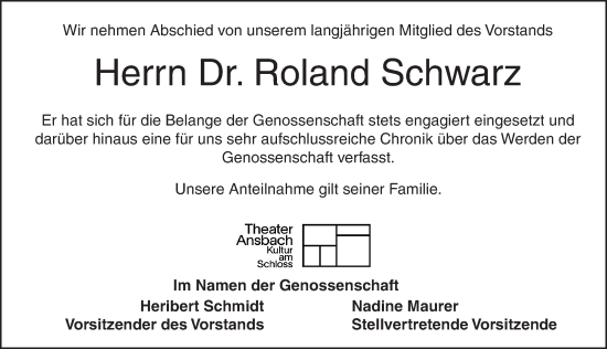 Traueranzeige von Roland Schwarz von Ansbach