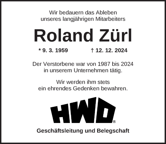 Traueranzeige von Roland Zürl von Dinkelsbühl/ Feuchtwangen