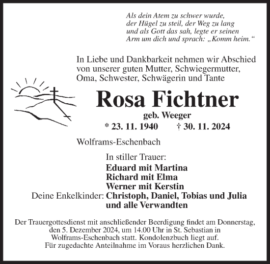 Traueranzeige von Rosa Fichtner von Ansbach