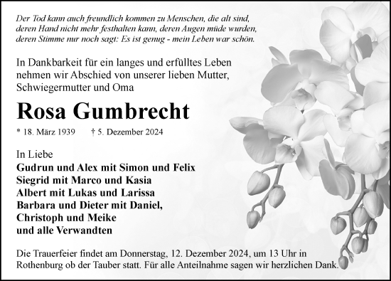 Traueranzeige von Rosa Gumbrecht von Rothenburg