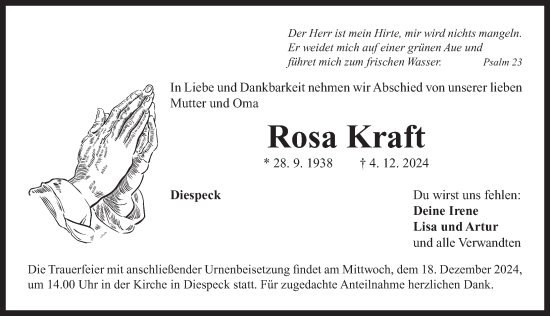 Traueranzeige von Rosa Kraft von Neustadt/ Scheinfeld/ Uffenheim