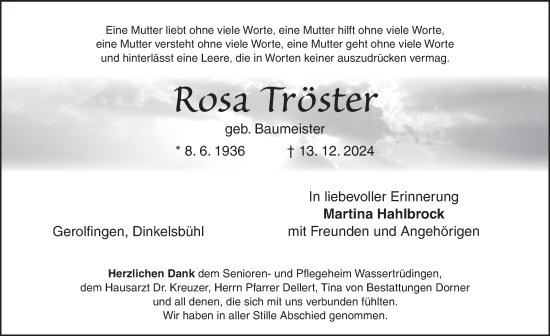 Traueranzeige von Rosa Tröster von Dinkelsbühl/ Feuchtwangen