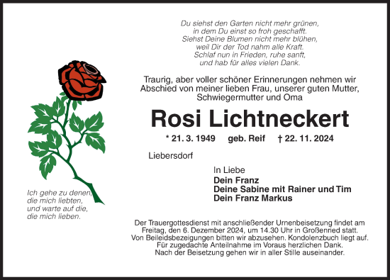 Traueranzeige von Rosi Lichtneckert von Dinkelsbühl/ Feuchtwangen