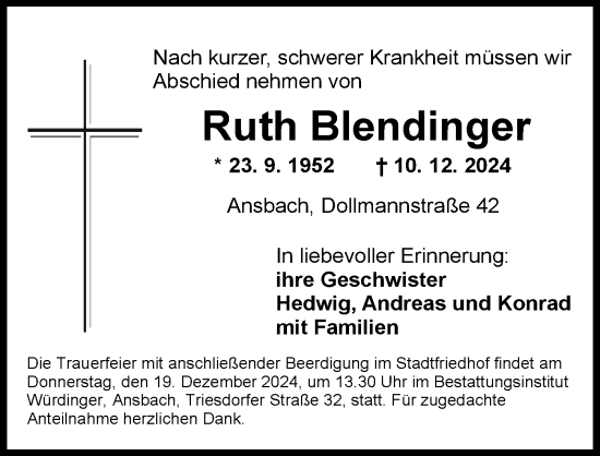 Traueranzeige von Ruth Blendinger von Ansbach