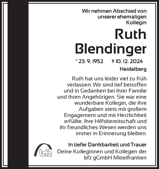 Traueranzeige von Ruth Blendinger von Ansbach