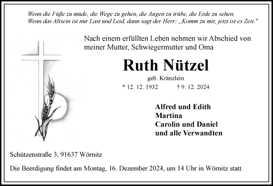 Traueranzeige von Ruth Nützel von Rothenburg