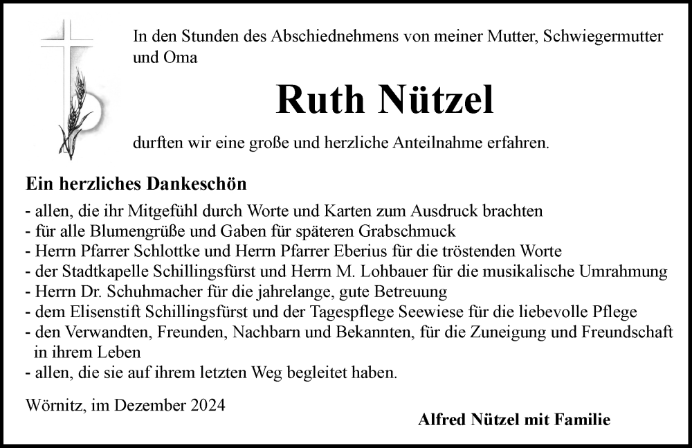  Traueranzeige für Ruth Nützel vom 27.12.2024 aus Rothenburg