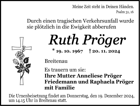 Traueranzeige von Ruth Pröger von Dinkelsbühl/ Feuchtwangen