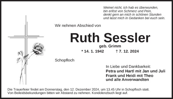 Traueranzeige von Ruth Sessler von Dinkelsbühl/ Feuchtwangen