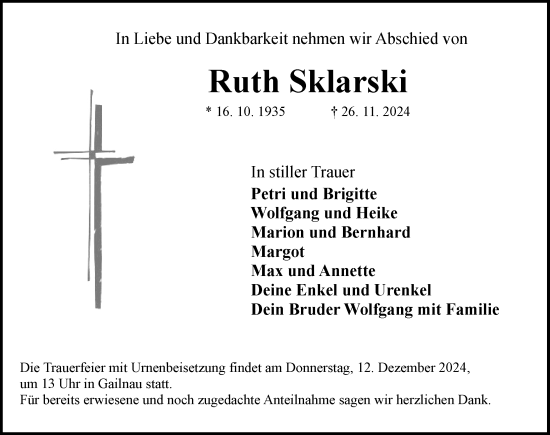 Traueranzeige von Ruth Sklarski von Rothenburg