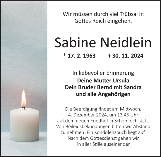 Traueranzeige von Sabine Neidlein von Dinkelsbühl/ Feuchtwangen