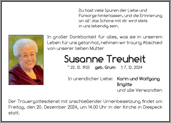 Traueranzeige von Susanne Treuheit von Neustadt/ Scheinfeld/ Uffenheim