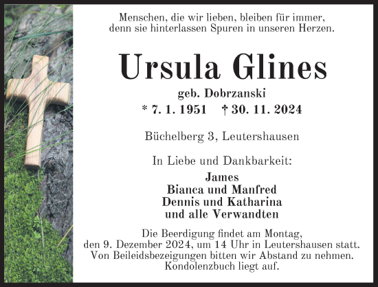 Traueranzeige von Ursula Glines von Ansbach