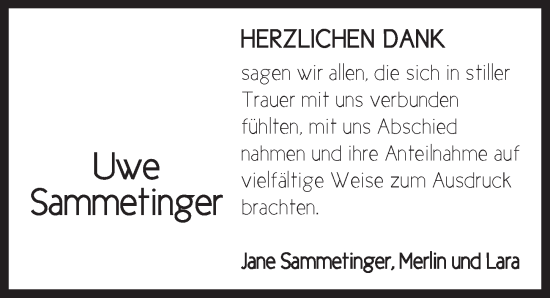 Traueranzeige von Uwe Sammetinger von Neustadt/ Scheinfeld/ Uffenheim