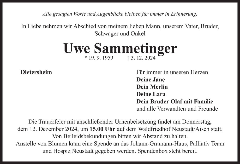  Traueranzeige für Uwe Sammetinger vom 07.12.2024 aus Neustadt/ Scheinfeld/ Uffenheim