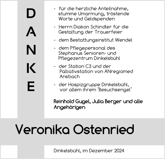 Traueranzeige von Veronika Ostenried von Dinkelsbühl/ Feuchtwangen