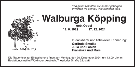 Traueranzeige von Walburga Köpping von Ansbach