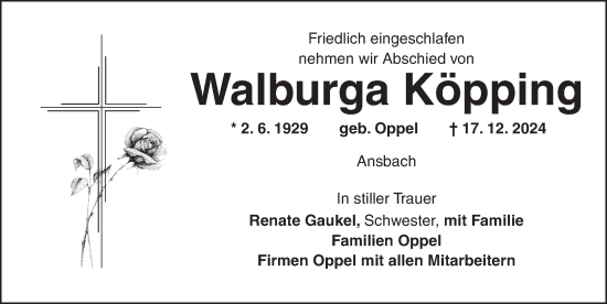 Traueranzeige von Walburga Köpping von Ansbach