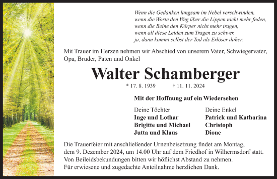 Traueranzeige von Walter Schamberger von Neustadt/ Scheinfeld/ Uffenheim