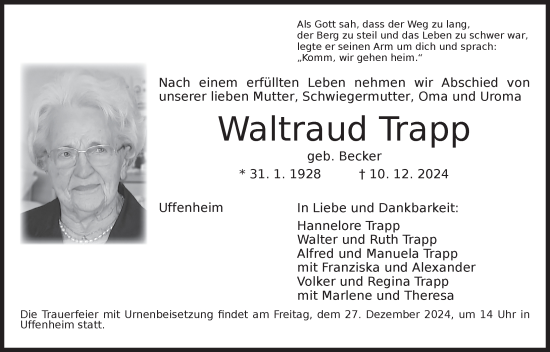 Traueranzeige von Waltraud Trapp von Neustadt/ Scheinfeld/ Uffenheim