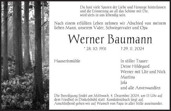 Traueranzeige von Werner Baumann von Dinkelsbühl/ Feuchtwangen