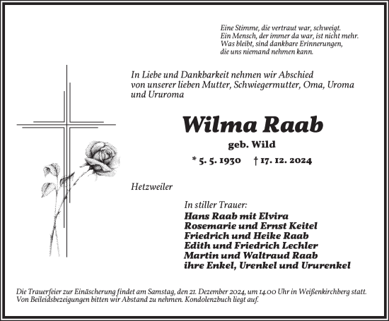 Traueranzeige von Wilma Raab von Ansbach