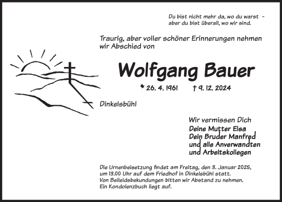 Traueranzeige von Wolfgang Bauer von Dinkelsbühl/ Feuchtwangen