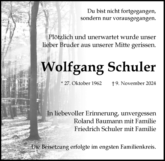 Traueranzeige von Wolfgang Schuler von Rothenburg