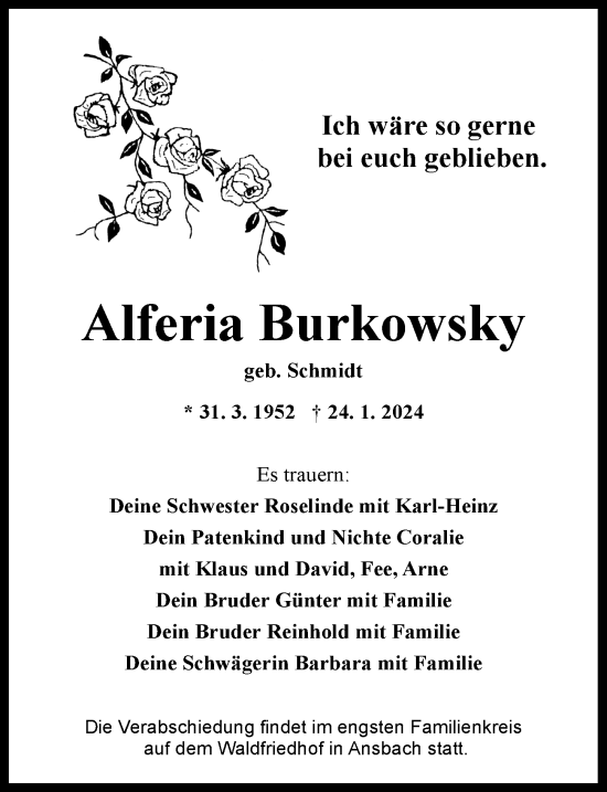 Traueranzeige von Alferia Burkowsky von Ansbach
