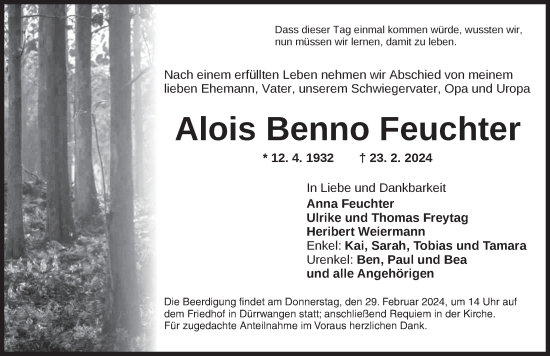 Traueranzeige von Alois Benno Feuchter von Dinkelsbühl/ Feuchtwangen