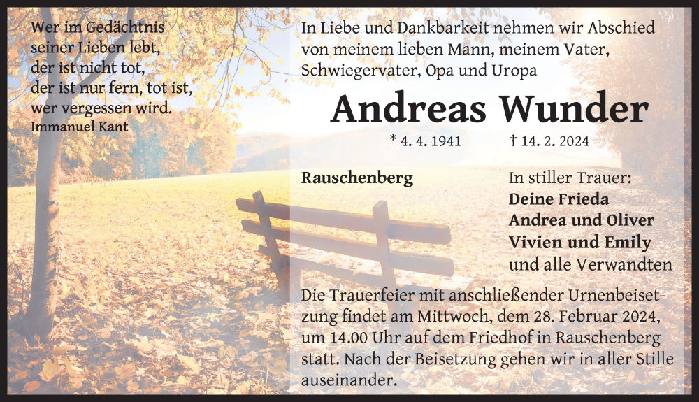 Traueranzeige für Andreas Wunder vom 21.02.2024 aus Neustadt/ Scheinfeld/ Uffenheim