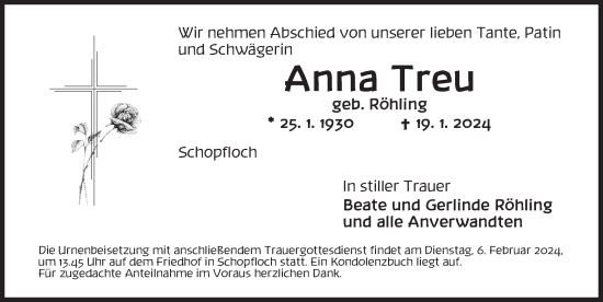 Traueranzeige von Anna Treu von Dinkelsbühl/ Feuchtwangen