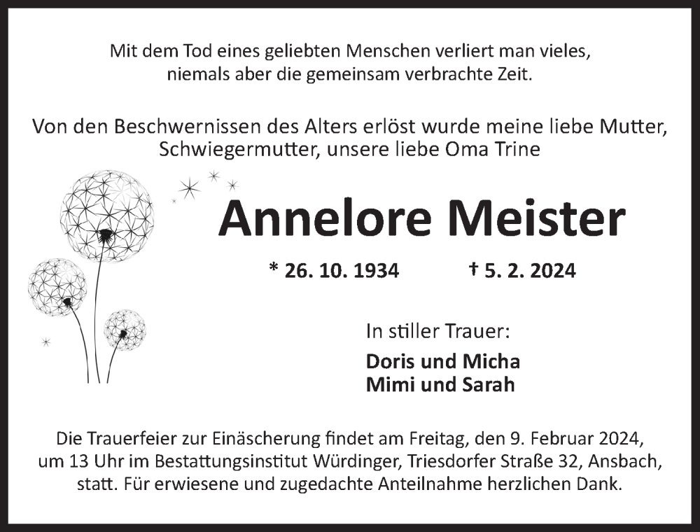  Traueranzeige für Annelore Meister vom 07.02.2024 aus Ansbach