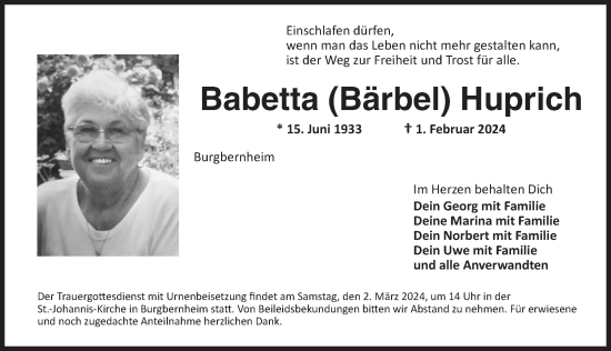 Traueranzeige von Babetta Huprich von Neustadt/ Scheinfeld/ Uffenheim