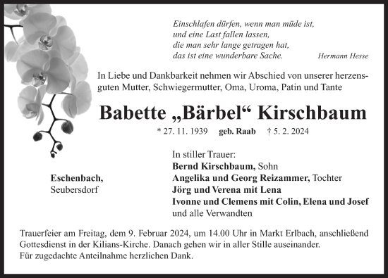 Traueranzeige von Babette Kirschbaum von Neustadt/ Scheinfeld/ Uffenheim