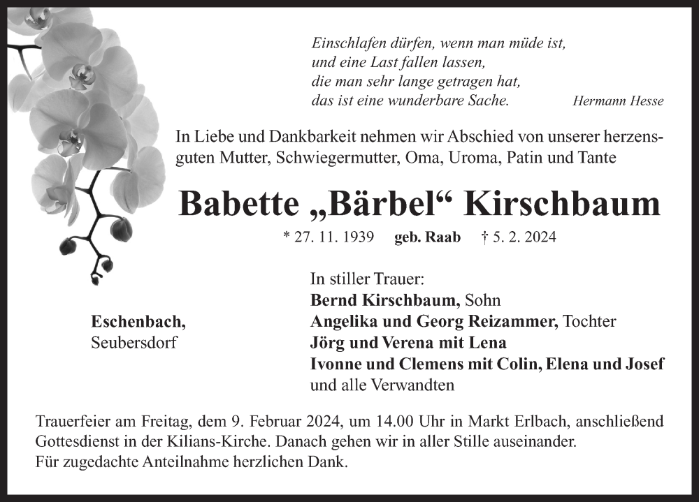  Traueranzeige für Babette Kirschbaum vom 07.02.2024 aus Neustadt/ Scheinfeld/ Uffenheim