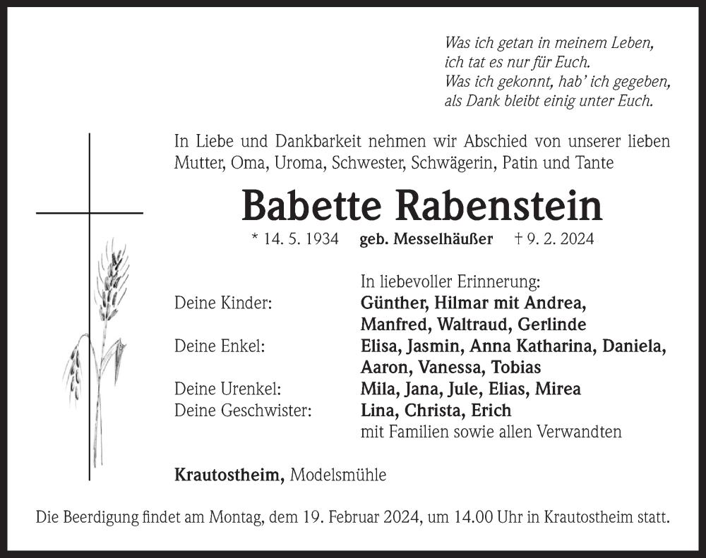  Traueranzeige für Babette Rabenstein vom 14.02.2024 aus Neustadt/ Scheinfeld/ Uffenheim