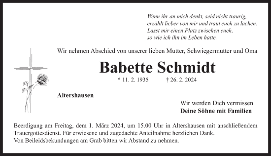 Traueranzeige von Babette Schmidt von Neustadt/ Scheinfeld/ Uffenheim