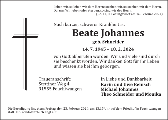 Traueranzeige von Beate Johannes von GE