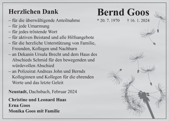 Traueranzeige von Bernd Goos von Neustadt/ Scheinfeld/ Uffenheim