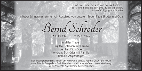 Traueranzeige von Bernhard Schröder von Neustadt/ Scheinfeld/ Uffenheim