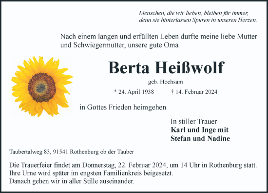 Traueranzeige von Berta Heißwolf von Rothenburg