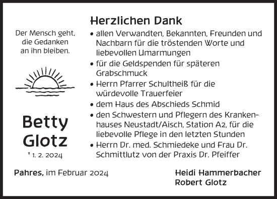 Traueranzeige von Betty Glotz von Neustadt/ Scheinfeld/ Uffenheim