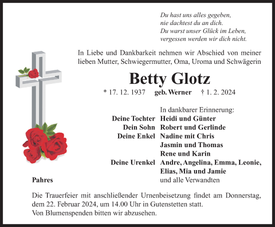 Traueranzeige von Betty Glotz von Neustadt/ Scheinfeld/ Uffenheim